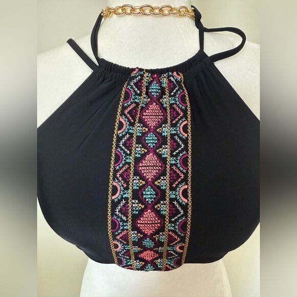 NWT Black Halter Top Bathing suit with Multicolor Pattern XL - Picture 2 of 5